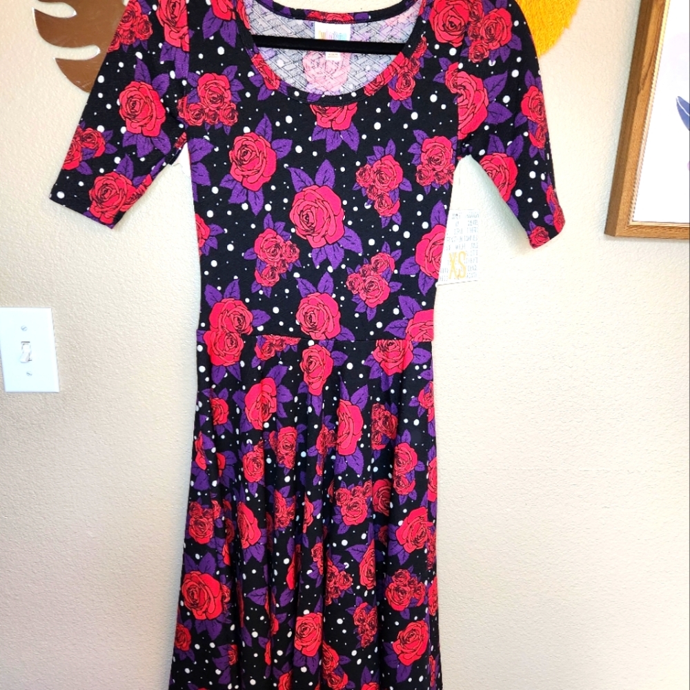 Lularoe Nicole XS Dress Floral Polka Dots NWT